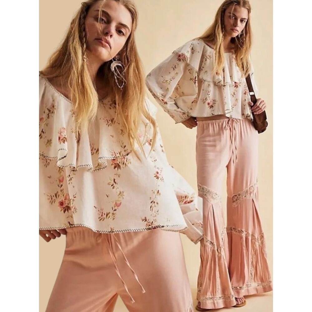 Free People Dainty Ethereal Ruffle Camilla Floral Gauze Blouse Medium Cottage
